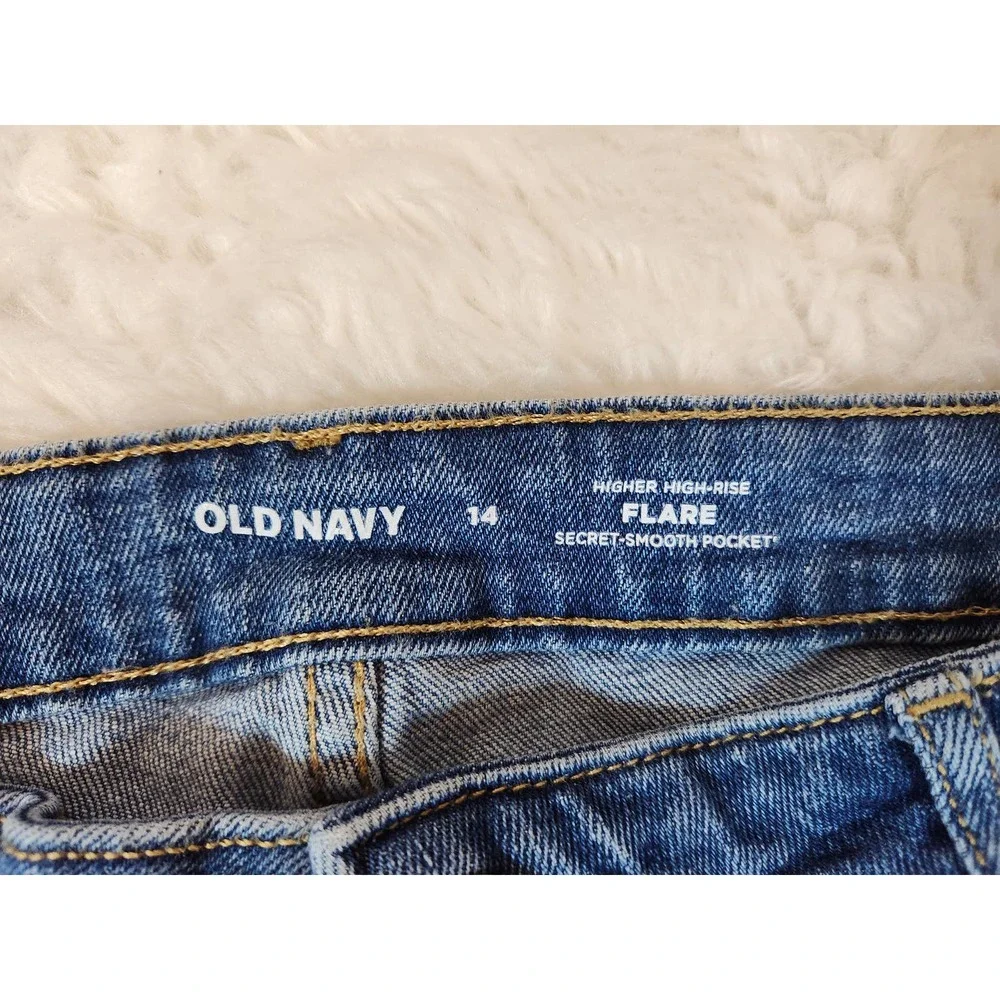 Old‎ Navy Women's Blue Solid Cotton High Rise Smooth Pockets Flare Jeans Size 14